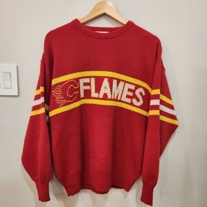 Vintage Calgary Flames Knit Sweater Mens Medium Red Retro Rare 90s Y2K